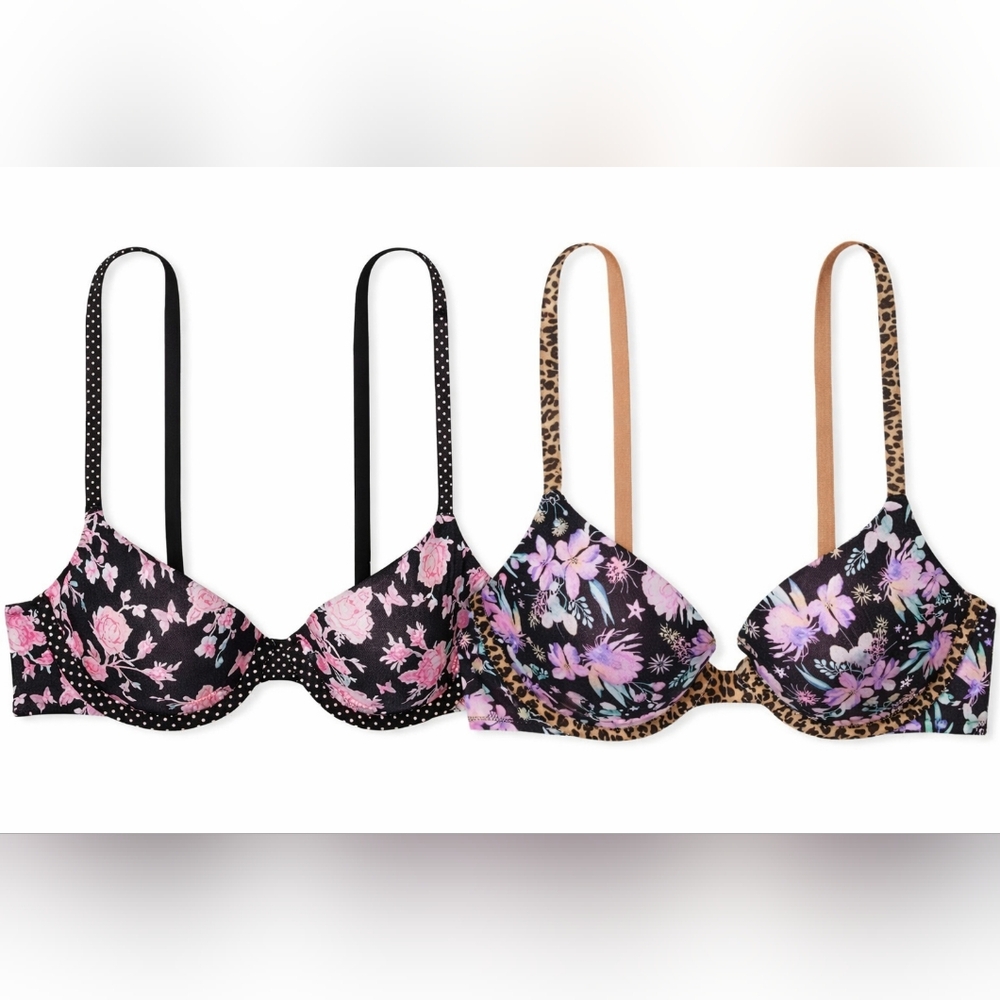 Two Victoria's Secret Floral Print Bras - Burgundy and Black